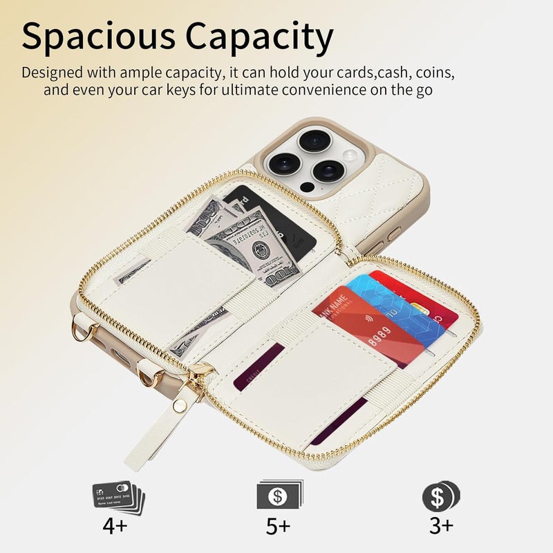 ZVE Crossbody Wallet Case for iPhone 14 Pro Max with Wrist Strap Protective Leather Lanyard Case with Card Slot Ring Holder for iPhone 14 Pro Max 6.7 Inch-Beige - Image 2